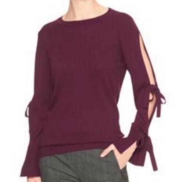 Banana Republic Tie Sleeve Burgundy Maroon Scoop Neck Sweater - Picture 2 of 5